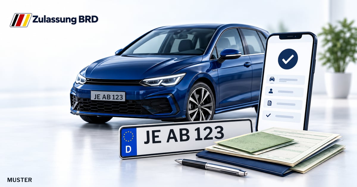 Online Fahrzeugzulassung in Landkreis Wittenberg: Musterkennzeichen JE AB 123, Auto und Fahrzeugpapiere und Smartphone. Illustration mit Logo von Zulassung BRD.